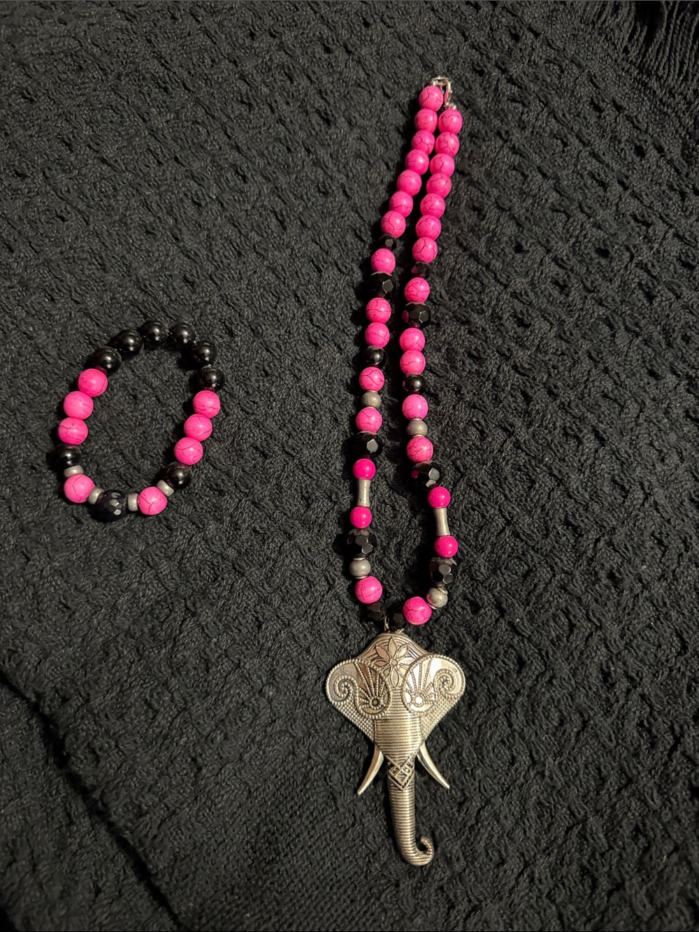 Handcrafted Pink & Black Beaded Elephant Pendant Necklace with Matching Bracelet